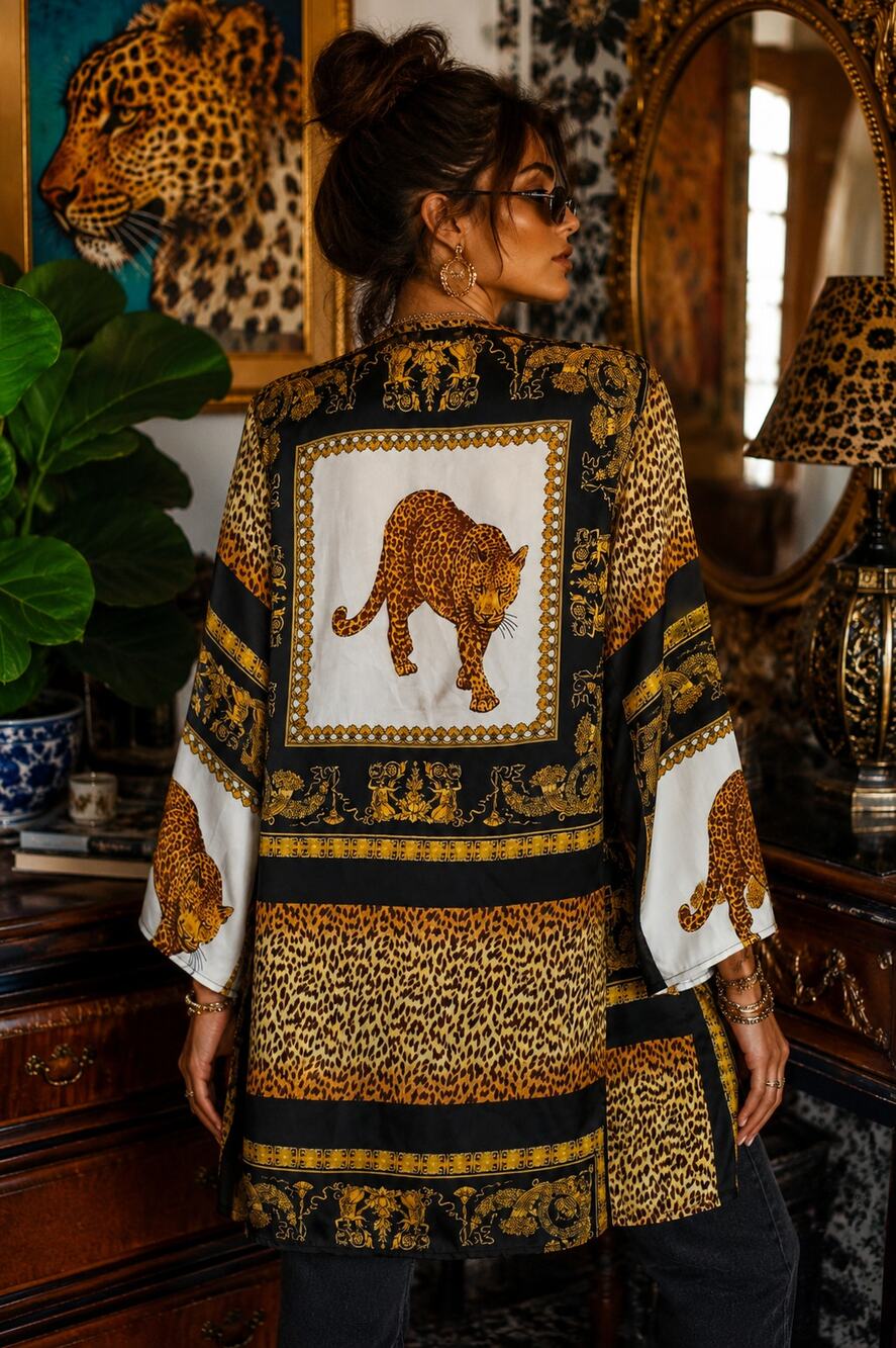 Boohoo Kimono Cardigan Small Leopard Print Open Front Luxe Mob Wife old Money